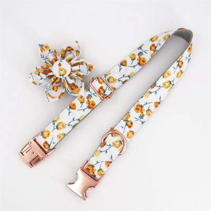 girl dog collar and leash set with flower for big and small dog cotton fabric collar rose gold metal buckle