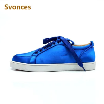 

Fashion Silk Material Unisex Casual Sneakers Solid Blue Low Heel Bottom Flats Lace-Up Brand Breathable Trainer Shoes Man EU Size