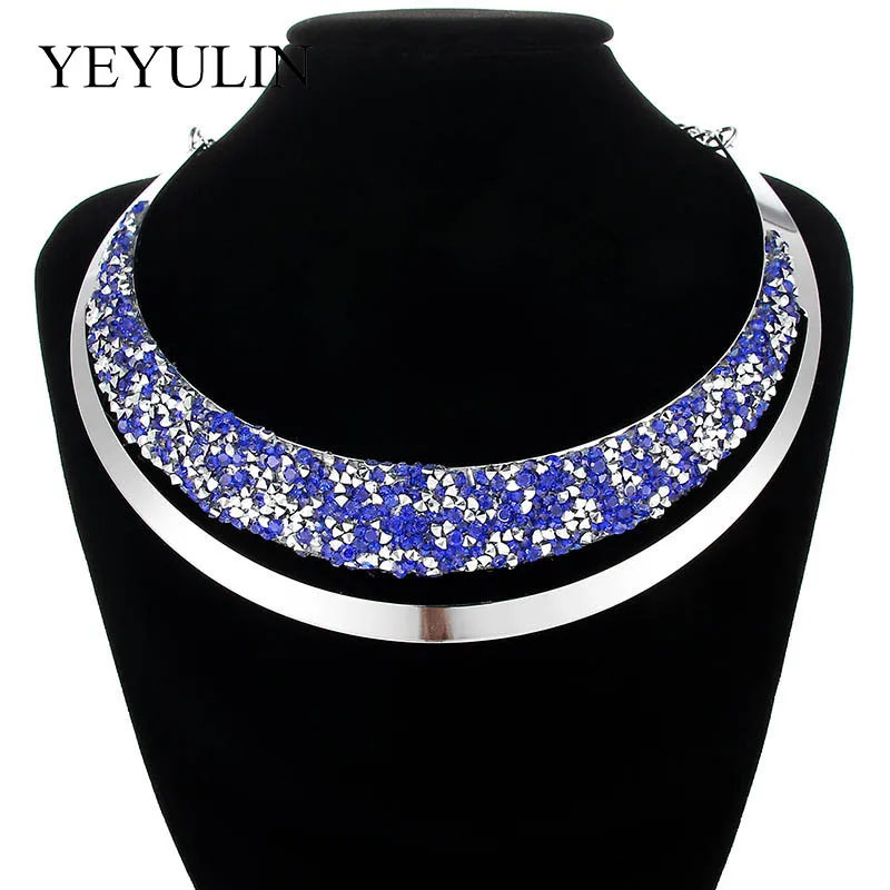 Роскошное ожерелье-чокер с кристаллами, длинное Массивное колье-чокер, ожерелье, бижутерия, ювелирные изделия для женщин - Окраска металла: Silver Blue