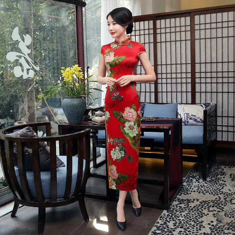Новинка, высокая мода, желтое атласное платье Чонсам с воротником "Мандарин", китайское винтажное платье с принтом, Ципао, Элегантное Длинное платье с цветами, S-3XL C0112-C - Цвет: Red
