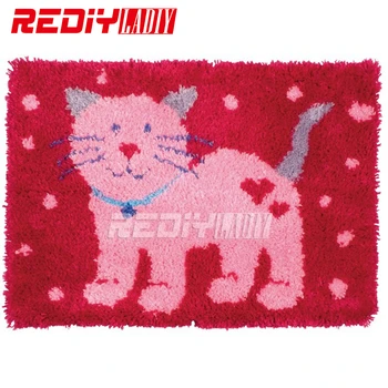 

Latch Hook Rug Wall Hanging Tapestry Kits Pink Cat with Love Cushion Pre-printed Canvas Pillows DIY Carpet Rug Handicraft Mat