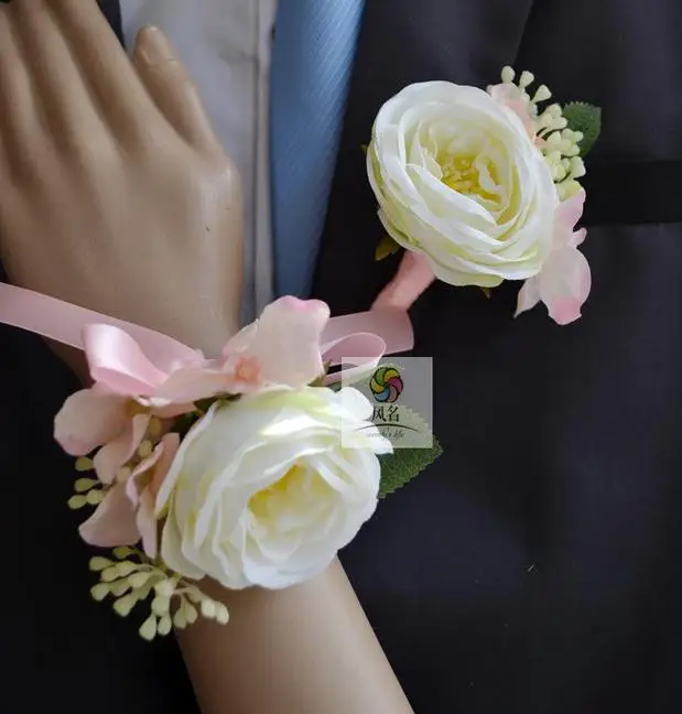 Real touch white light pink rose wedding flowers bride groom wrist