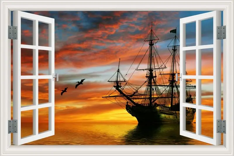 Парусная лодка на море, пейзаж, съемный, высокое качество, 3D Наклейка на стену, офисное искусство, креативный вид на окно, домашний декор, наклейка на стену - Цвет: W0029