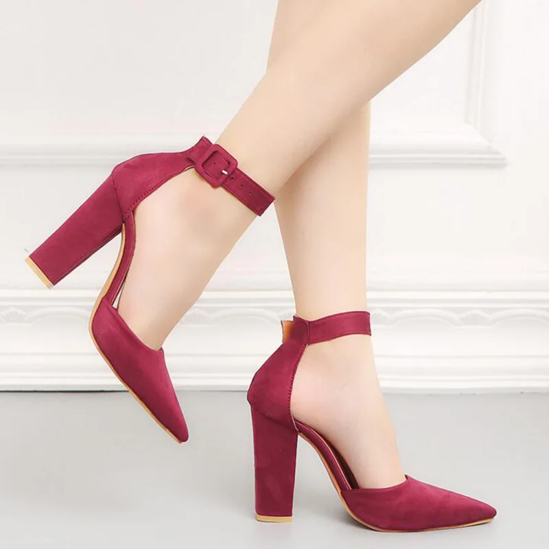 

Tangnest 2019 New Thick High Heels Women Ankle Strap Pumps Buckle Flock Vamp Elegant Solid Sandals Ladies Fashion Shoes XWZ4924