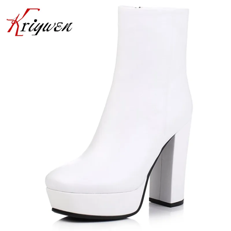 

Cowhide soft leather New Winter Women dress party shoes Black white High Heel Martin Boots platforms punk Ankle Motorcycle Boots