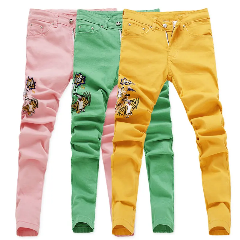 bell bottom jeans for men 2021 New Fashion Ripped Jeans Men  Embroidery Skinny Pants Man Spring Summer Yellow green pink Demin Pants Plus Sizer men's jeans