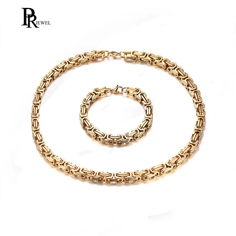 

8MM Men's Stainless Steel Mechanic Chunky Gold Tone Byzantine Chain Bracelet and Necklace Jewelry Set