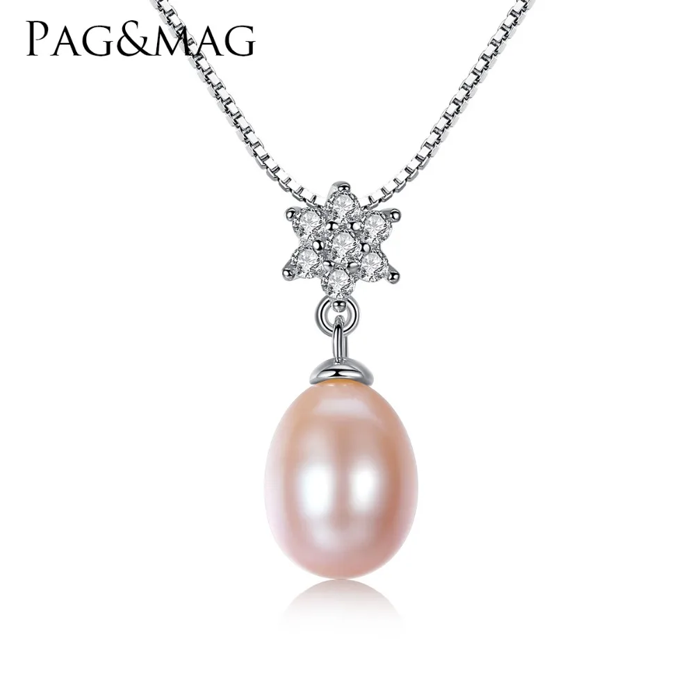 

PAG&MAG Brand 8-9mm Tear Drop Genuine Pearl Necklace Vintage 925 Silver White and Pink Purple Freshwater Pearl Wedding Pendant