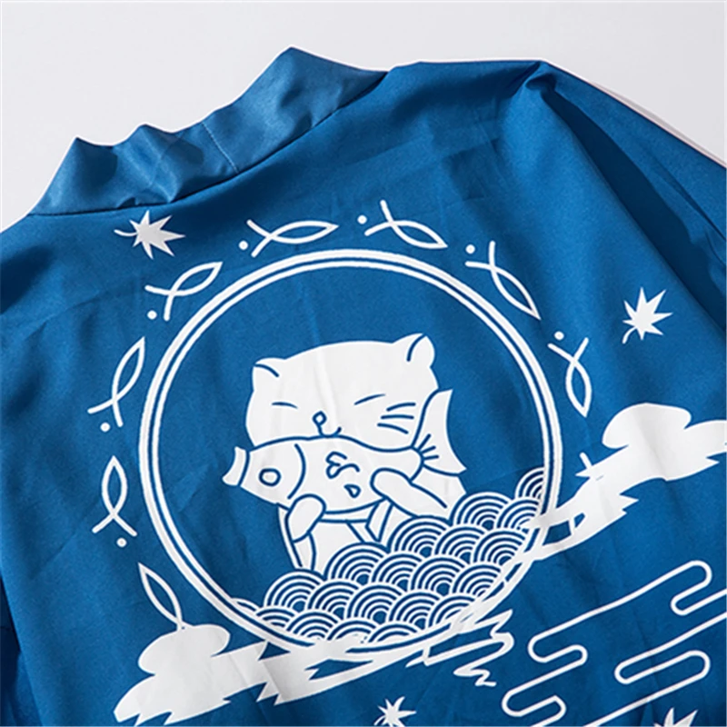 Bebovizi Japan Style Cat Printed Thin Kimono Men Japanese Streetwear Blue Jackets Casual Outerwear 2019