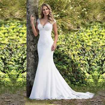 

Eightale Boho Wedding Dress Appliques Lace Wedding Gown Custom made Spadex Chiffon Cap Sleeves V-Neck Mermaid Bridal Dresses