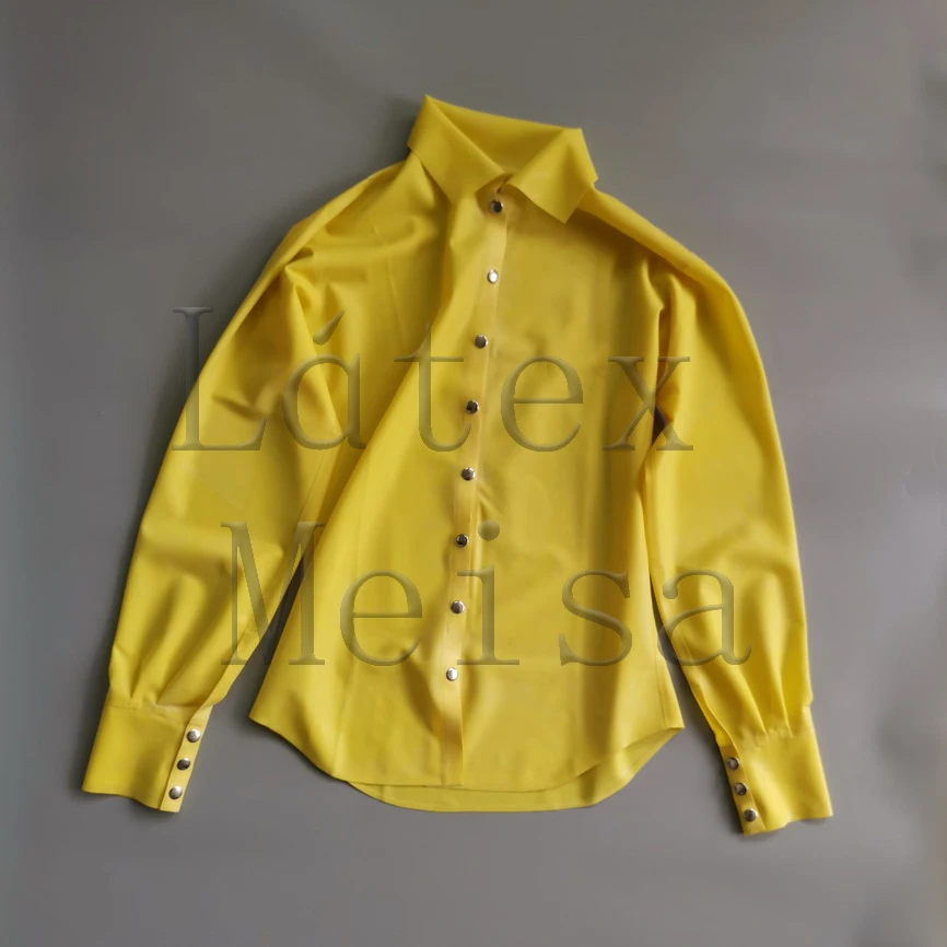 

Office lady style latex top women long sleeve latex blouses with front buttons decorations