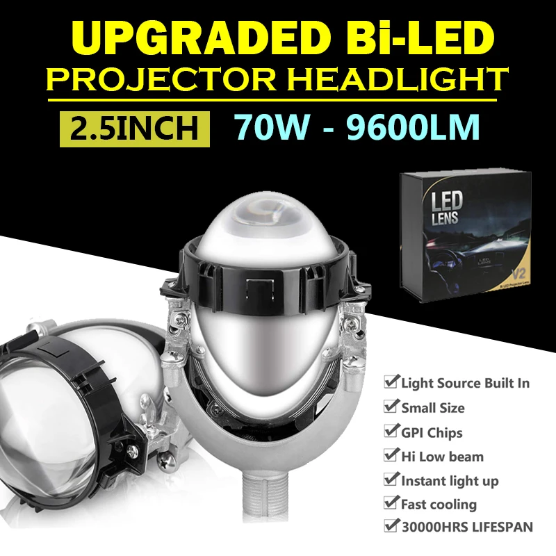 2.5" Inch Universal 70W 9600LM Bi LED Projector Headlight Lens Hi/Lo