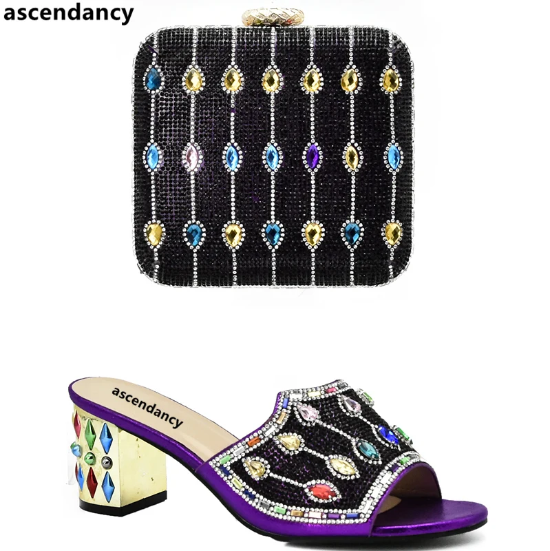 

Latest Purple Color Matching Shoes and Bag Set In Heels Italian Shoes and Bags To Match Shoes with Bag Set Decorated with Stone