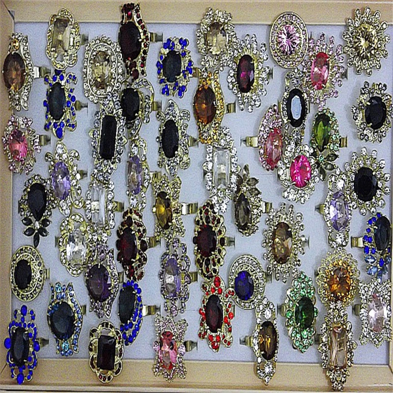 

QianBei Wholesale 25pcs Vintage Jewelry Ring Green Blue Red Crystal Rhinestone Rings Adjustable For Women Accessories Free