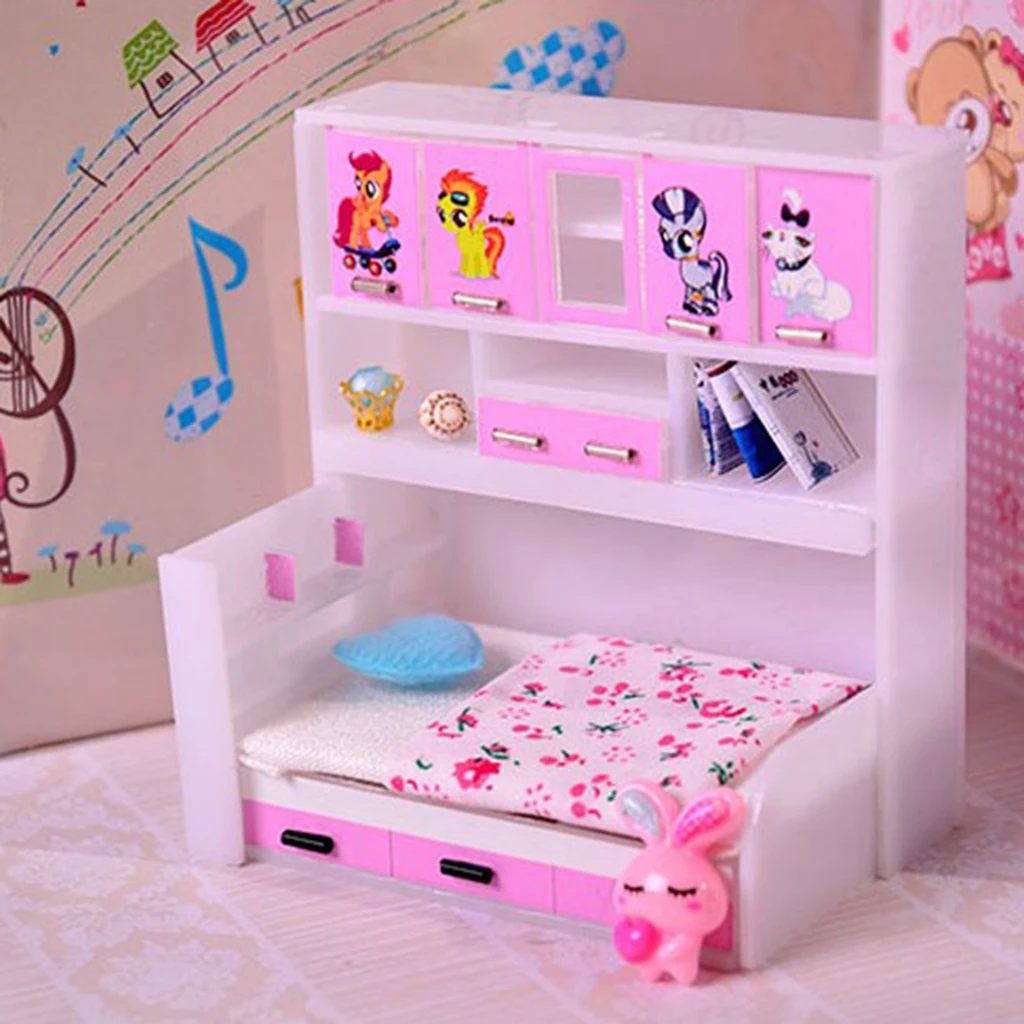 ABS Miniature Cabinet Bed Model For 1/12 Dolls House Children Bedroom Furniture Life Scenes Decor Room Accessory