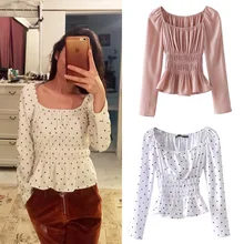 Новые морщинистые эластичные Топы Женская футболка весна со складками, с открытыми плечами Талия шифон рубашка женская длинный рукав