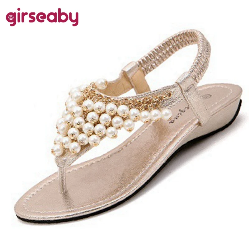 

Girseaby Ethnic style flat sandals Women ladies summer beach sandals sweet pearls flip flops ankle strap shoes black size35 40