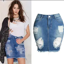 2018 Высокая Талия мини-юбка разорвал назад Разделение джинсовая юбка мода Винтаж отверстие неправильной джинсовая юбка женский тонкий