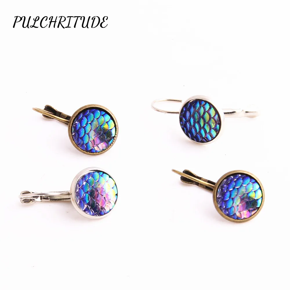 PULCHRITUDE Metal Alloy 6pcs Fit Round 12mm Cabochon Base Earring Back Pendant Colorful Fish Scale Cameo Diy Jewelry Make C1491 | Украшения