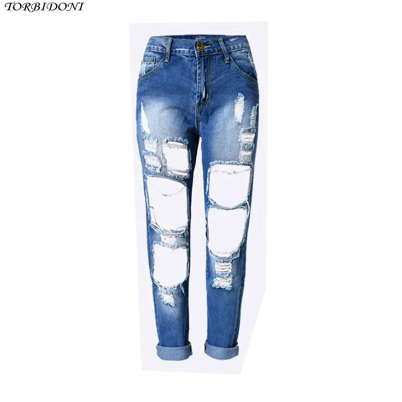 Sexy Hole Denim Jeans Women High Waist Ankle length