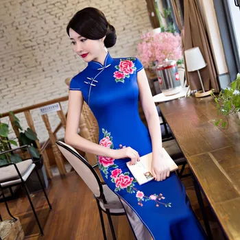 

2019 Long Cheongsam Vintage Chinese style Mandarin Collar Dress Womens Summer Rayon Qipao Slim Party Dresses Vestido S-XXXL