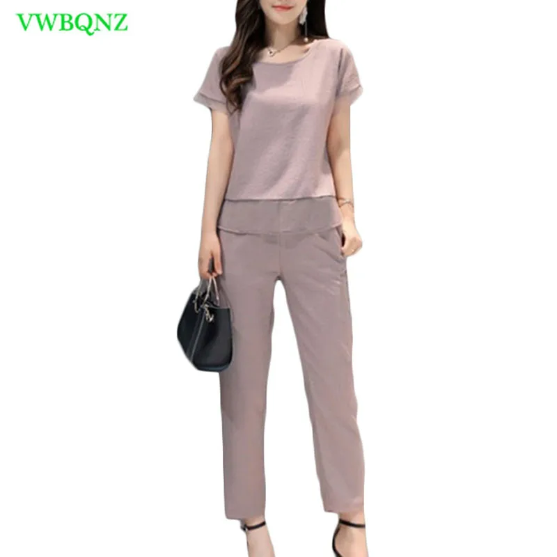 

Summer Cotton linen Set Women Short sleeve Tops+Wide leg Pants Two Sets Women's Fashion Lace Irregular Plus size Sets 4XL A324