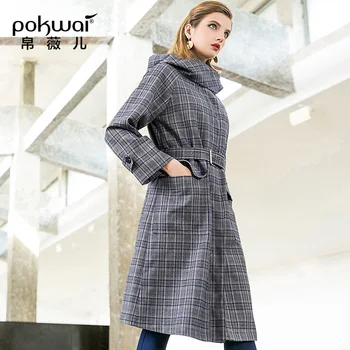 

POKWAI The Autumn And Winter New Loose Coat Of Korean Style Is a Long Slender Trench Coat With a Hooded And Checked Pattern