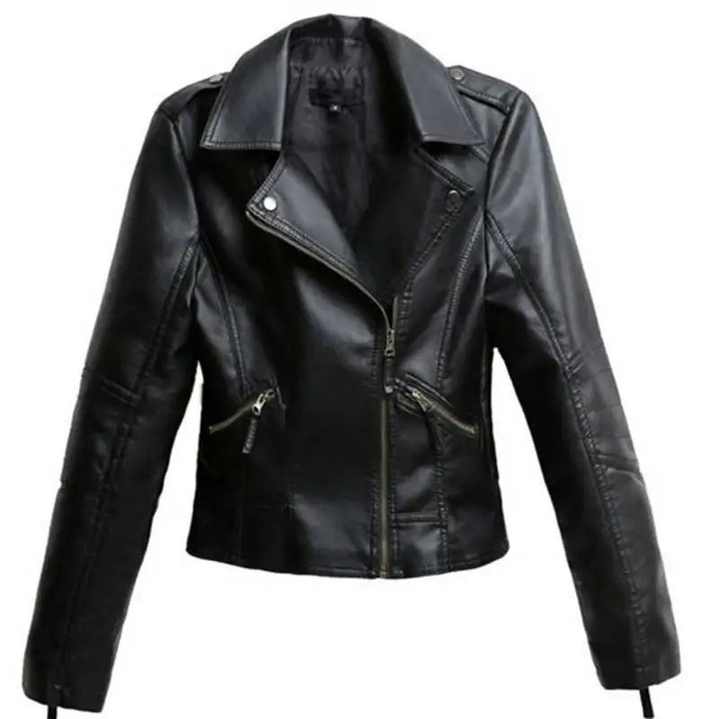 Lusumily Черная куртка из искусственной кожи женская крутая тонкая короткая мотоциклетная куртка женское осеннее пальто Базовая уличная верхняя одежда размера плюс 4X - Цвет: Black