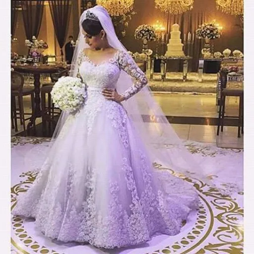 

Ball Gown Long Sleeves Wedding Dresses with Lace Appliques Chapel Train Wedding Gowns