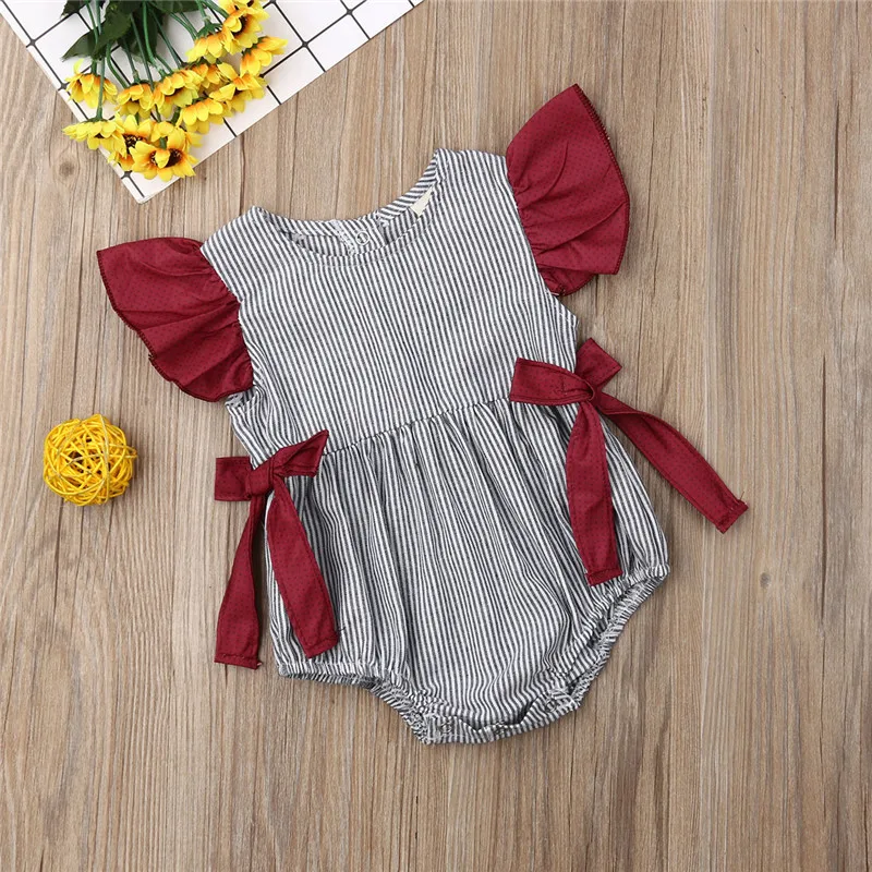 

Newborn Baby Girls clothes Ruffle striped bow sleeveless cotton Bodysuit Button round neck sleeveless lovely Jumpsuit one pieces