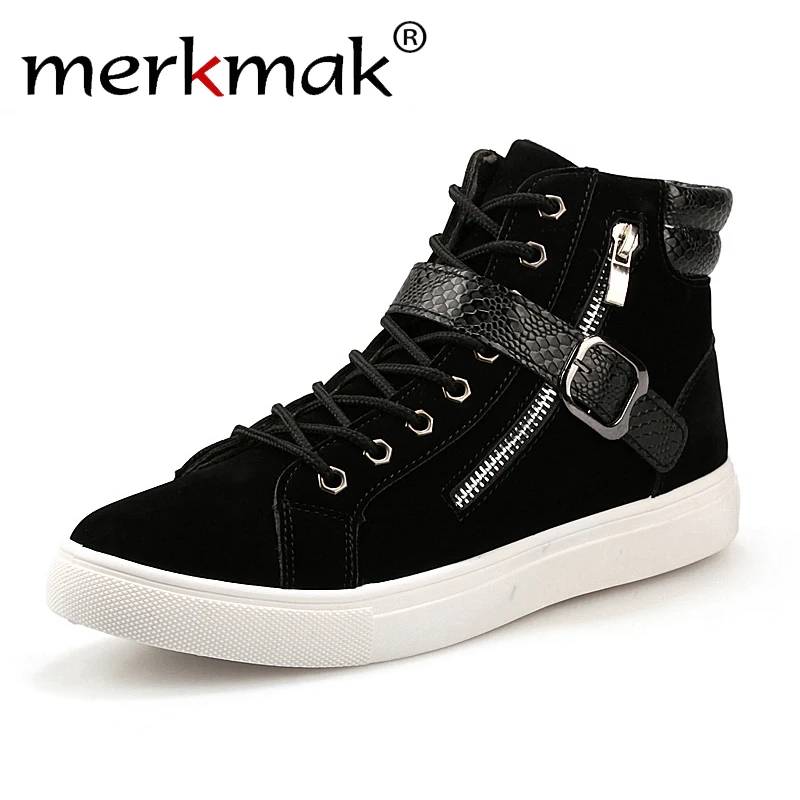 

New 2018 fashion men shoes brand design men ankle boots casual flock PU patchwork punk rock chain high top sneakers for men