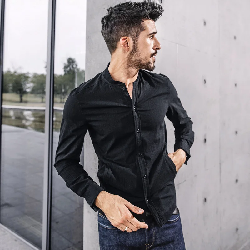 KUEGOU New Spring Mens Casual Shirts Solid Black Color With Pocket For Man's Long Sleeve Slim Fit Wear Male Brand Blouse 0791