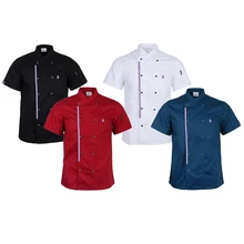 Solid Double Breasted Chef Jacket Coat Short Sleeves Shirt Kitchen Uniforms Mandarin Collar with Colorful Striped Hem for Unisex Solid Double Breasted Chef Jacket Coat Short Sleeves Shirt Kitchen Uniforms Mandarin Collar with Colorful Striped Hem for Unisex