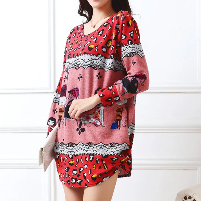 2019 new Long-sleeve O-neck cashmere sweater casual print tunic thin fashion pullovers tops polyester loose | Женская одежда