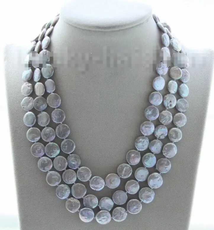 

Hot sale new Style >>>>>adjustable 15.5"-17.5" 3row 12mm coin fastener gray pearls necklace j9506