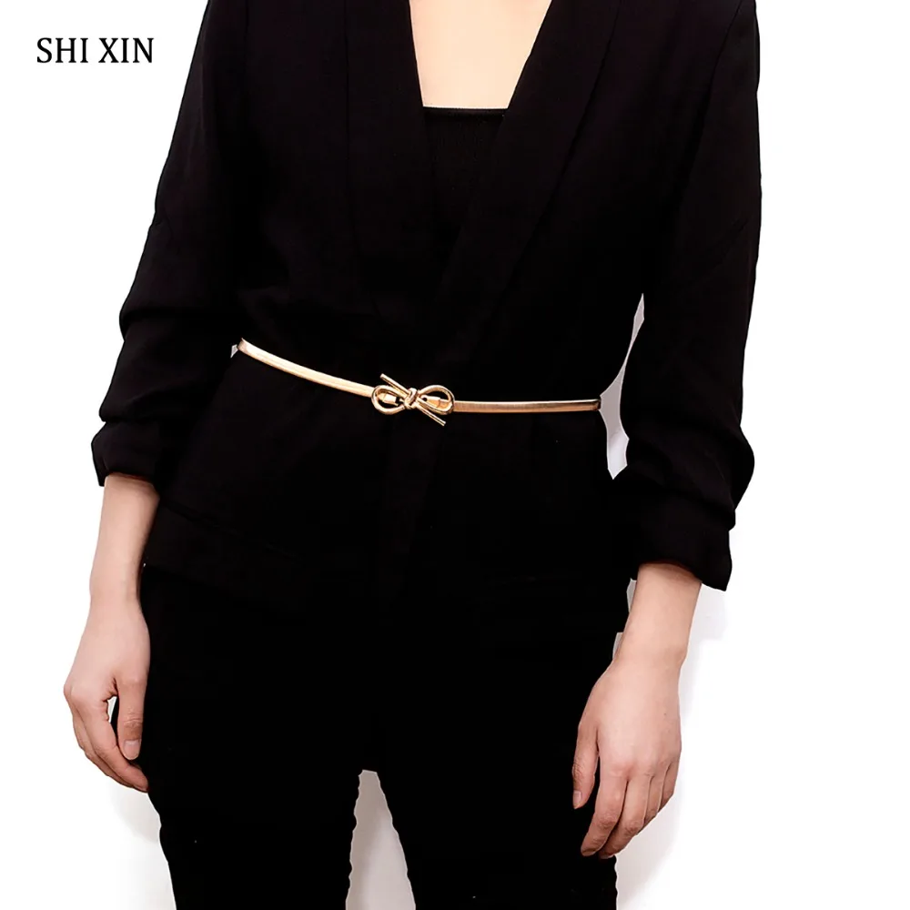

SHIXIN Trendy Elasticity Metal Bow Clasp Belt for Women Street Fashion Charm Modern Waist Belly Chain Clothing Dress Accessories