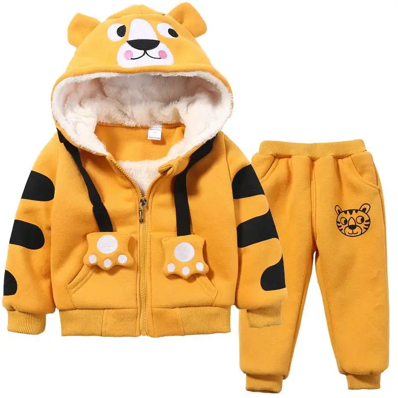 

Cute Cartoon Tigers Clothing Suits Baby Boys Girls Plus Velvet Hoodies Pants 2Pcs Sets Kids Toddler Winter Sports Clothes