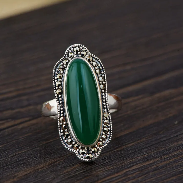 FNJ 925 Серебряное черное кольцо модное зеленое халцедон S925 Стерлинговое Тайское Серебро Кольца для женщин ювелирные изделия регулируемый размер - Цвет основного камня: green agate ring