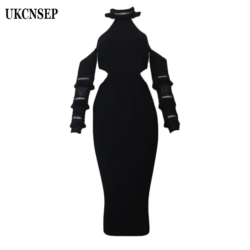 

2019 new summer dress black turtleneck tassel hollow out long sleeve women party bandage dress vestidos