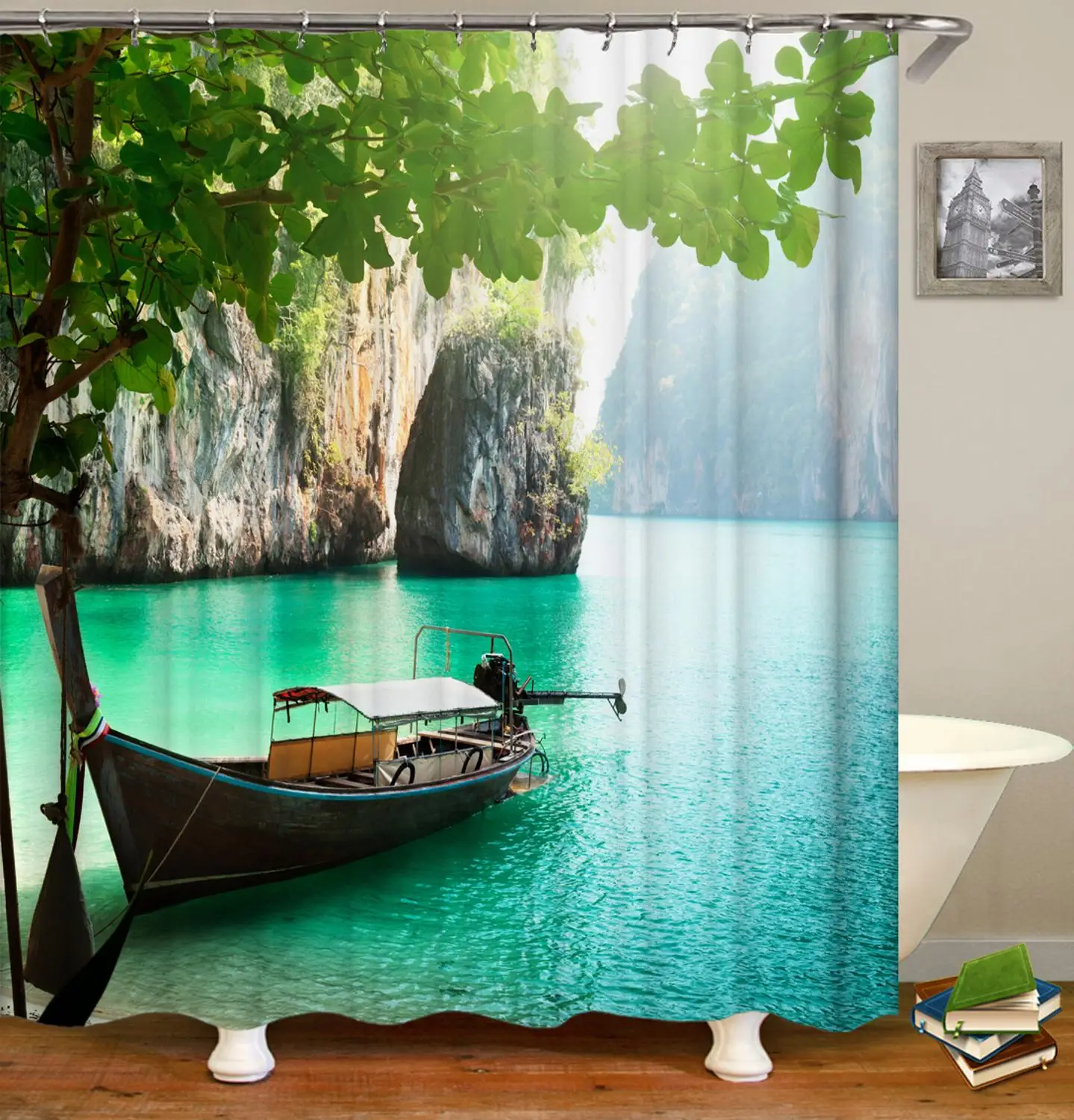 

Boat landscape Print Waterproof Shower Curtain Polyester Fabric Bath Curtain Home Bathroom Curtains with 12 Hooks Shower Curtain