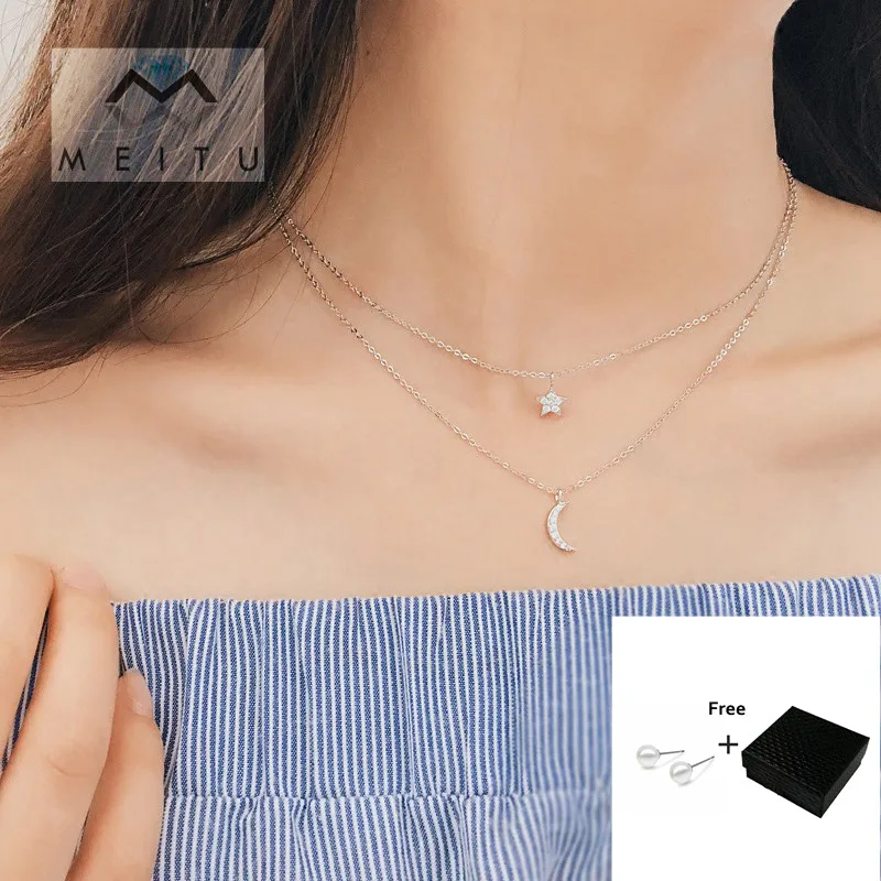 

2019 Real S925 Sterling Silver Star Moon Necklace Double clavicle chain For Women Girlfriend Gift Souvenir Jewelry N-145
