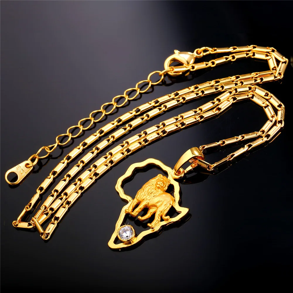 U7 Лев Кулоны Ожерелье Позолоченный Африканские Ювелирные Украшения для Женщин/Мужчин Карта Африки Подвески P783