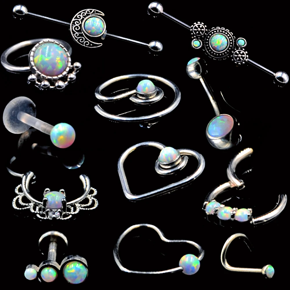 

1PC New Silver Opal Stone Nose Stud Opal Ball Closure Lip Ear Tragus Septum Clicker Rings Piercing Belly Rings Earring Jewer'y