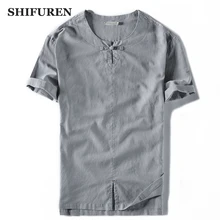 SHIFUREN Лето Для мужчин повседневные льняные хлопковые рубашки короткий рукав дышащие мужские рубашки блузка Винтаж китайский Стиль Размеры M-4XL