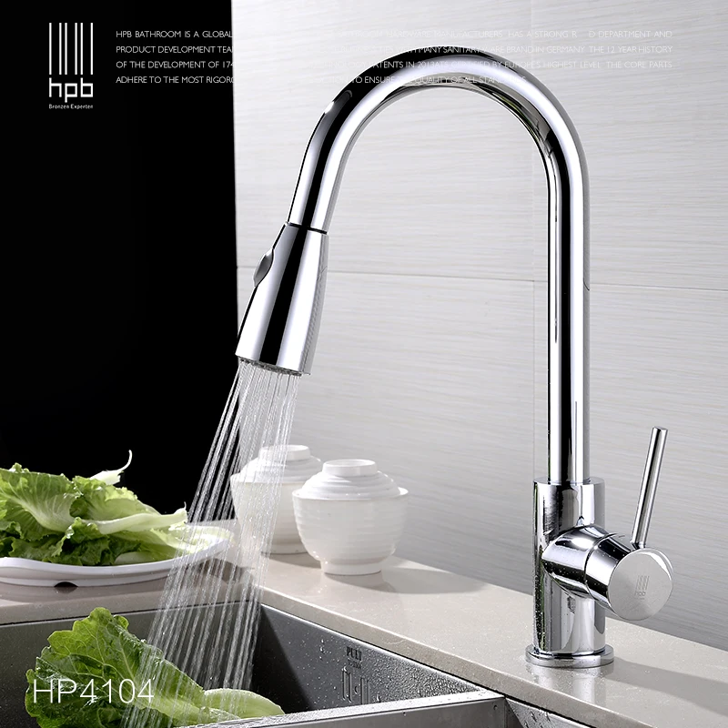 

Modern Brushed Nickel and Chrome Finish Hot and Cold Kitchen Faucet Pull Out Single Handle Swivel Spout Vessel Sink Mixer Tap