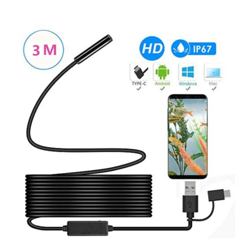 

3-in-1 Hard Cable Endoscope USB Android Endoscope Camera 3m C-Type Detection Camera For PC Android Mobile Phone Tube Endoscope