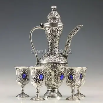 

Decoration crafts art Collectible Decor Handwork Miao Silver Carve Flower Bead Wine Pot Cup Set Tibet Miao Antique Old Silver