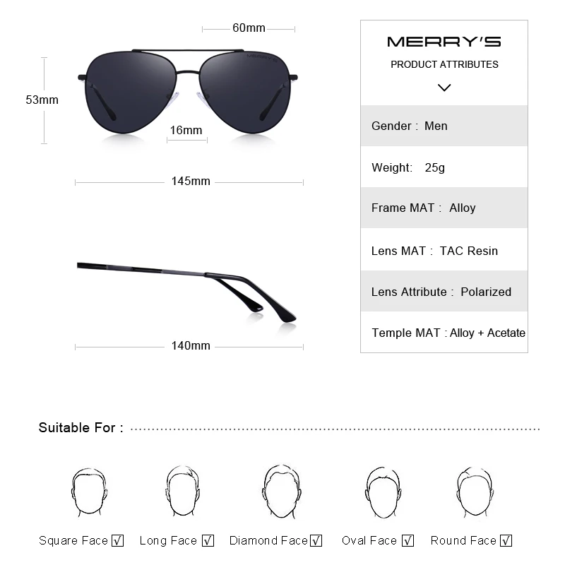 Koop MERRYS ONTWERP Mannen Classic Pilot Zonnebril Luchtvaart Frame HD Gepolariseerde Zonnebril Voor Mannen Rijden UV400 Bescherming S8138