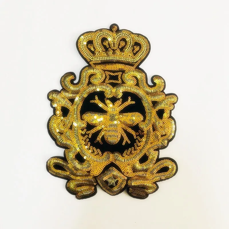 Hot 2417cm gold beaded sequins crown bee patches embroidery sew on Hot 2417cm gold beaded sequins crown bee patches embroidery sew on