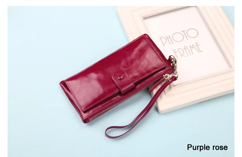 Best Quality! Women Oil Wax Genuine Cowhide Leather Long Zipper Wallet Lady Fashion Clutch Purse Bag With Strap 7 colors 2153